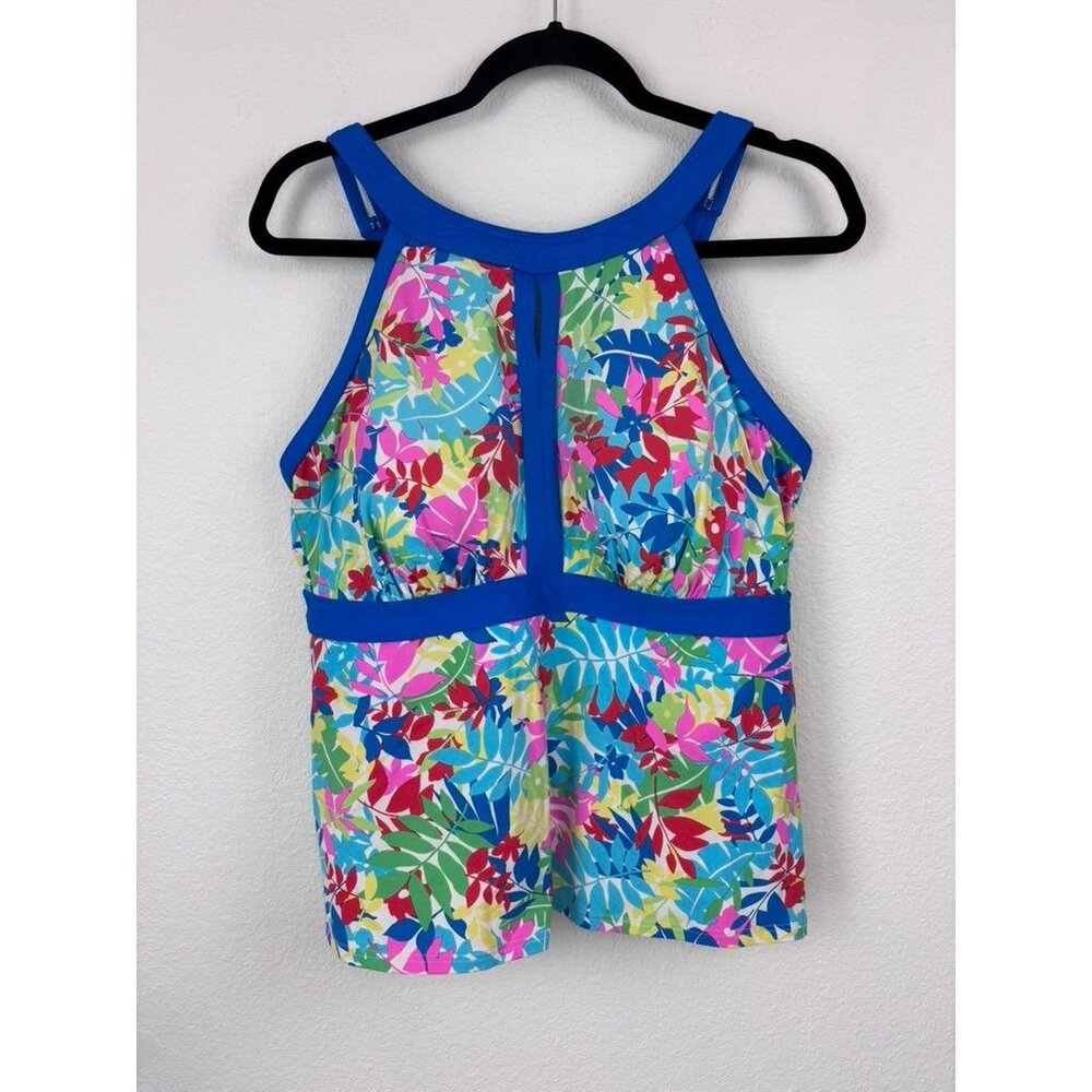 Lands' End women's 16W DD blue floral‎ high neck tankini swim top built in bra